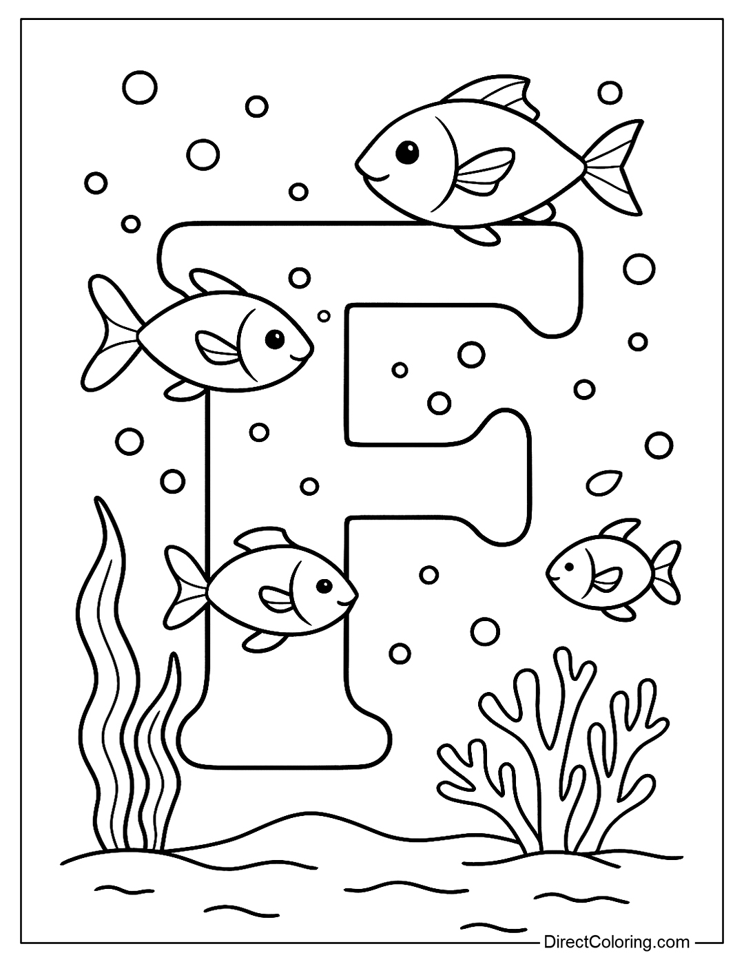 A letter F coloring page with fish swimming around in the blue ocean.